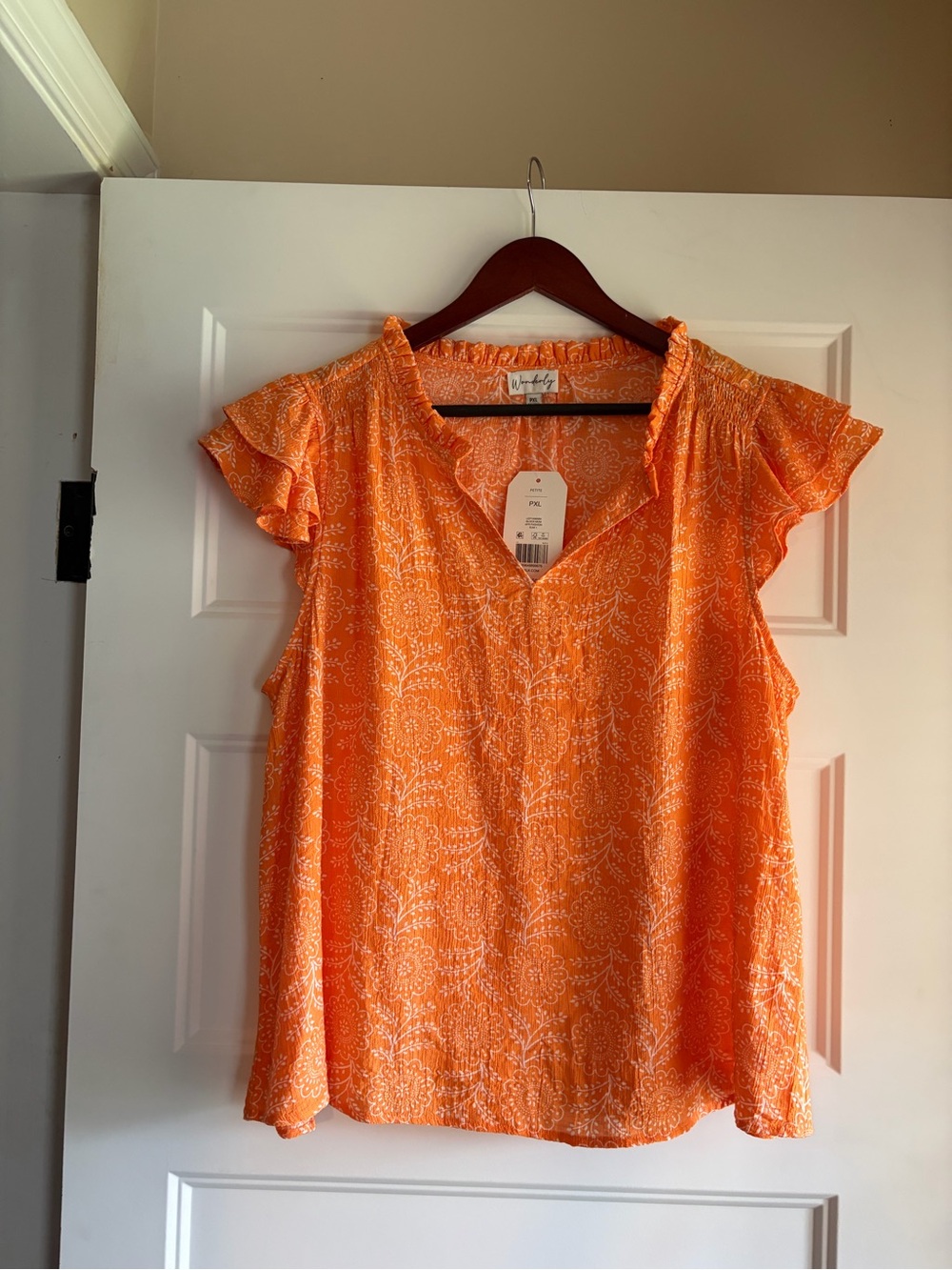 Wonderly Orange Printed Ruffle V-Neck Blouse